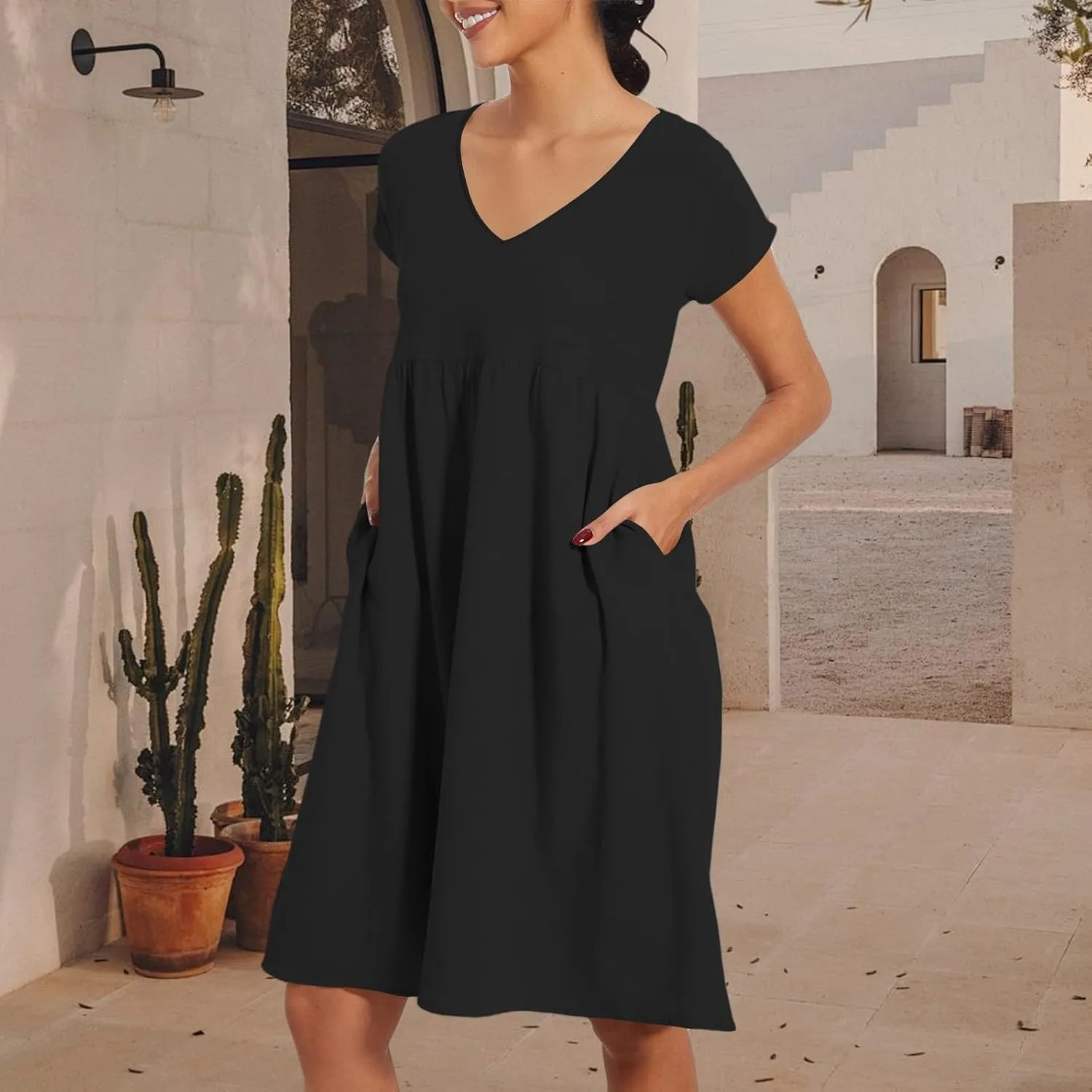 Summer Dresses for Women 2025 Casual V Neck Cotton Linen Dress Plus Size Comfy Flowy Beach Vacation Midi Sundresses