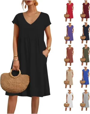 Summer Dresses for Women 2025 Casual V Neck Cotton Linen Dress Plus Size Comfy Flowy Beach Vacation Midi Sundresses