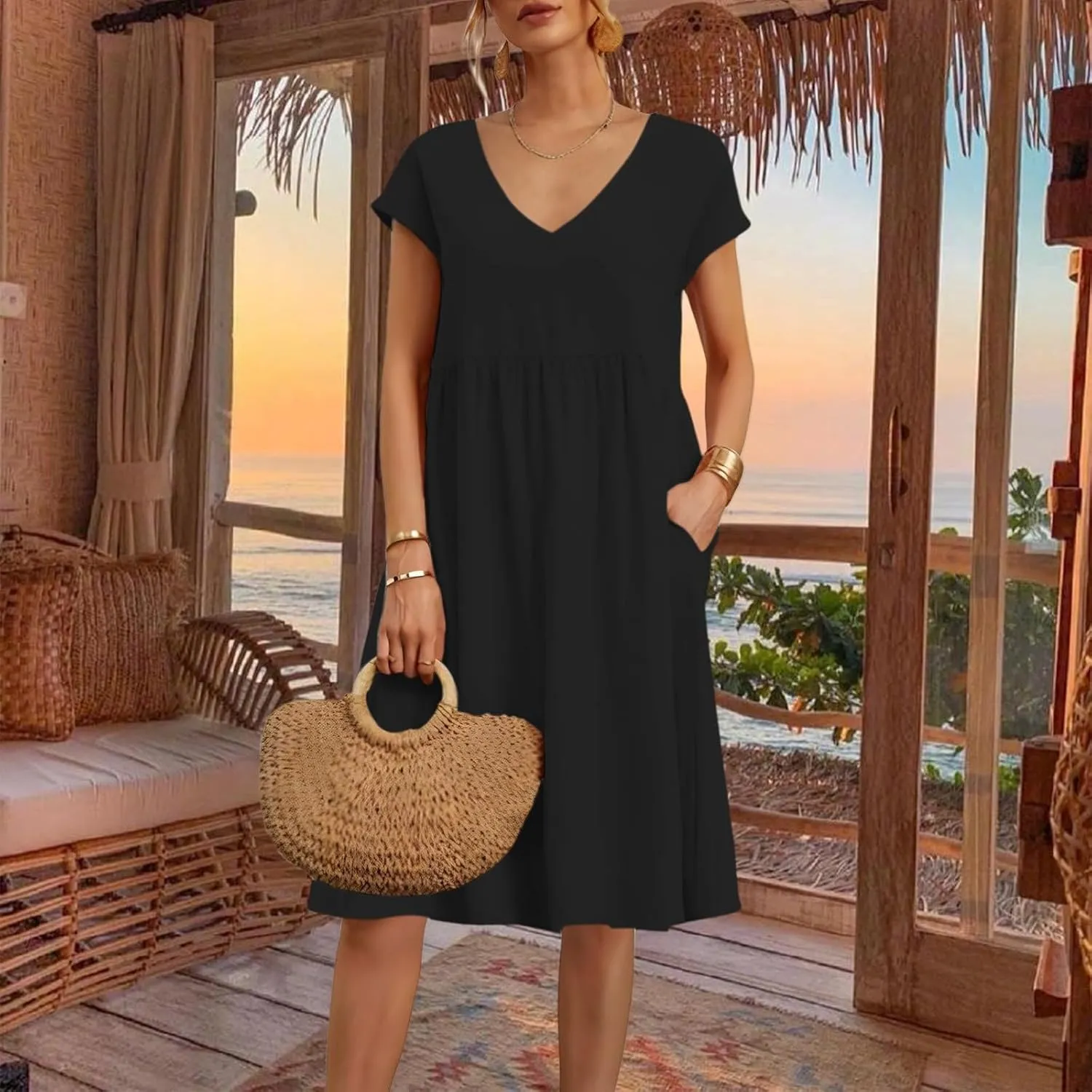 Summer Dresses for Women 2025 Casual V Neck Cotton Linen Dress Plus Size Comfy Flowy Beach Vacation Midi Sundresses
