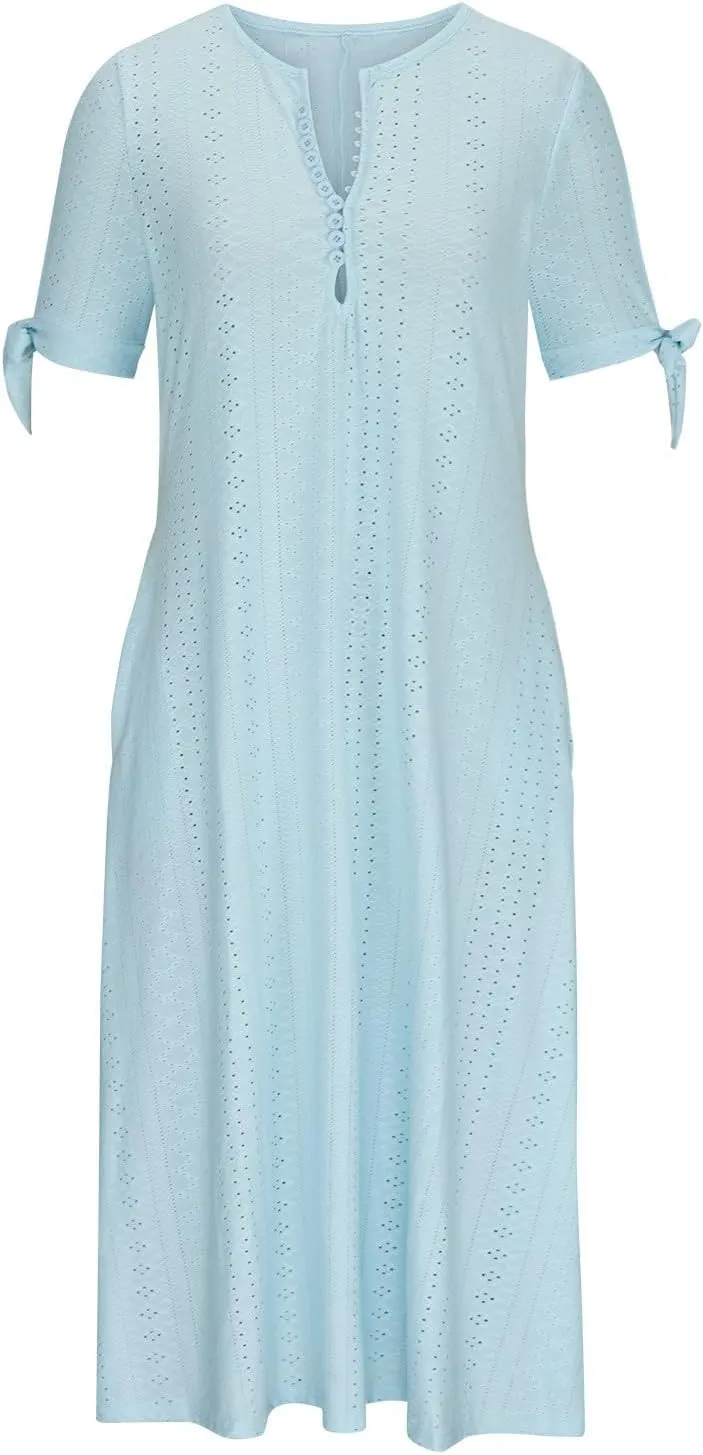 Summer Dresses for Women 2025 Eyelet Short Sleeve Midi Dress V Neck Swimsuit Cover Up Beach Sundress with Pockets