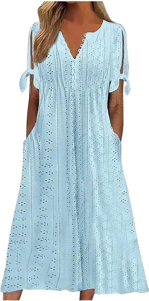 Summer Dresses for Women 2025 Eyelet Short Sleeve Midi Dress V Neck Swimsuit Cover Up Beach Sundress with Pockets