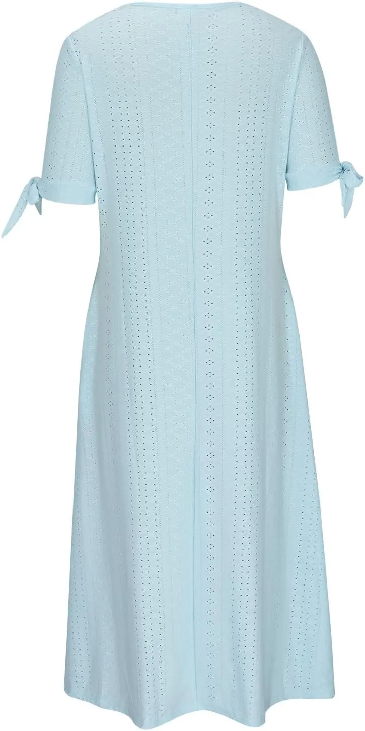 Summer Dresses for Women 2025 Eyelet Short Sleeve Midi Dress V Neck Swimsuit Cover Up Beach Sundress with Pockets