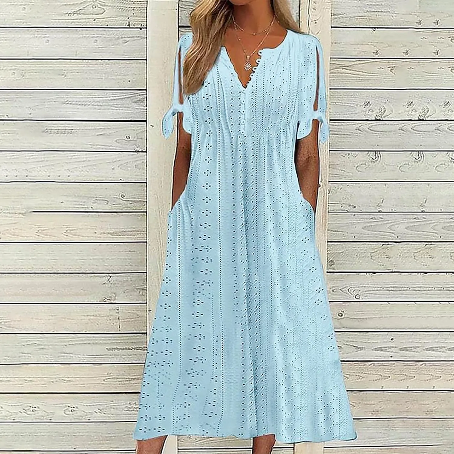 Summer Dresses for Women 2025 Eyelet Short Sleeve Midi Dress V Neck Swimsuit Cover Up Beach Sundress with Pockets