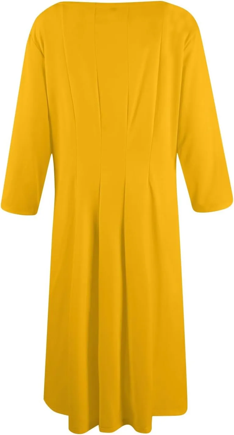 Summer Dresses for Women 2025 Round Neck 3/4 Sleeve Midi Dress Solid Color A Line Flowy Dress with Pockets