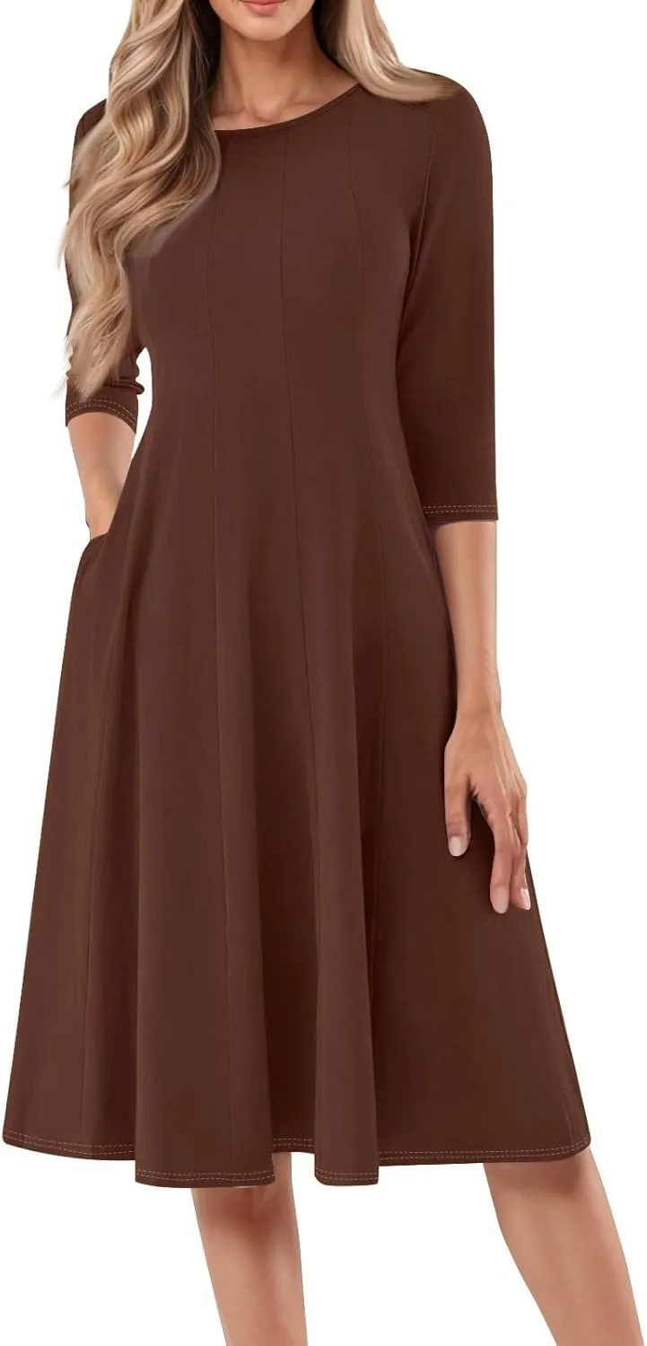 Summer Dresses for Women 2025 Round Neck 3/4 Sleeve Midi Dress Solid Color A Line Flowy Dress with Pockets