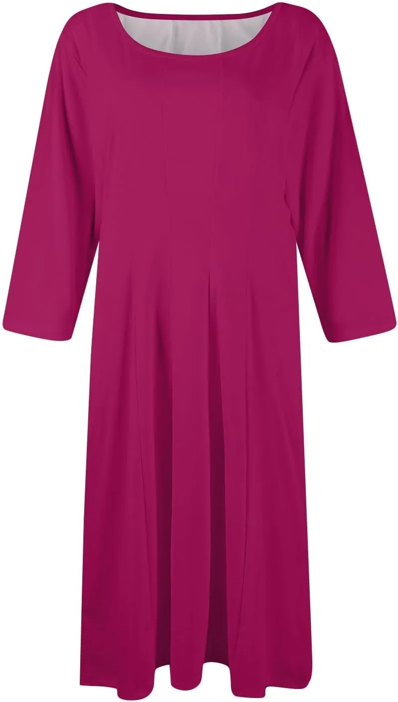 Summer Dresses for Women 2025 Round Neck 3/4 Sleeve Midi Dress Solid Color A Line Flowy Dress with Pockets