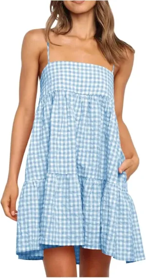 Summer Dresses for Women 2025 Spaghetti Strap Ruffle Tiered Tube Top Mini Dress Sexy Beach Vacation Dress with Pocket