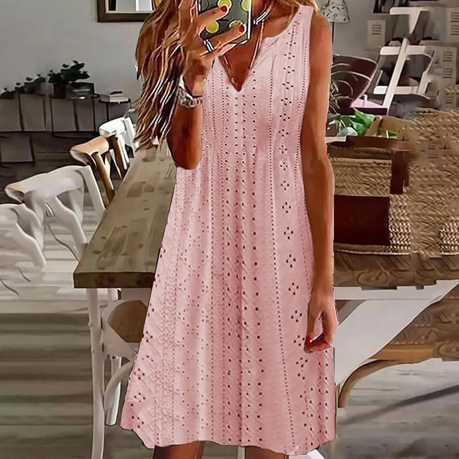 Summer Dresses for Women 2025 Trendy Casual V-Neck Sleeveless Solid Color Beach Sundress Loose Vacation Eyelet Dress