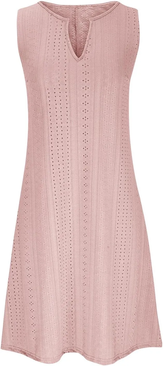 Summer Dresses for Women 2025 Trendy Casual V-Neck Sleeveless Solid Color Beach Sundress Loose Vacation Eyelet Dress