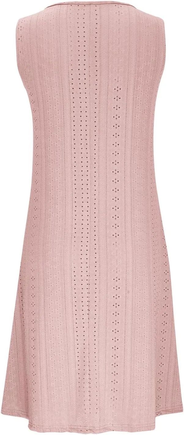 Summer Dresses for Women 2025 Trendy Casual V-Neck Sleeveless Solid Color Beach Sundress Loose Vacation Eyelet Dress