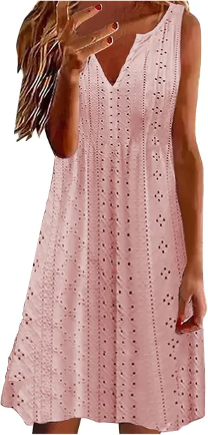 Summer Dresses for Women 2025 Trendy Casual V-Neck Sleeveless Solid Color Beach Sundress Loose Vacation Eyelet Dress