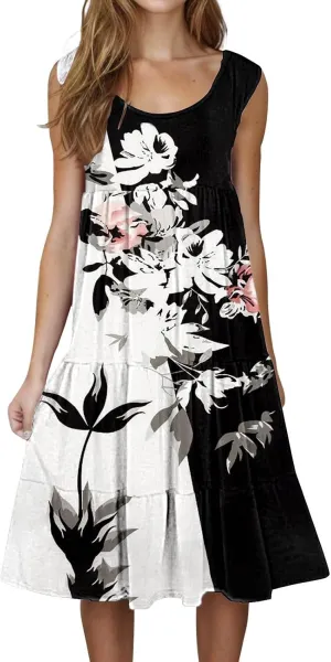 Summer Dresses for Women 2025 Vacation Casual Sexy Sleeveless Beach Dress Crewneck Splicing Boho Flowy Midi Sundresses