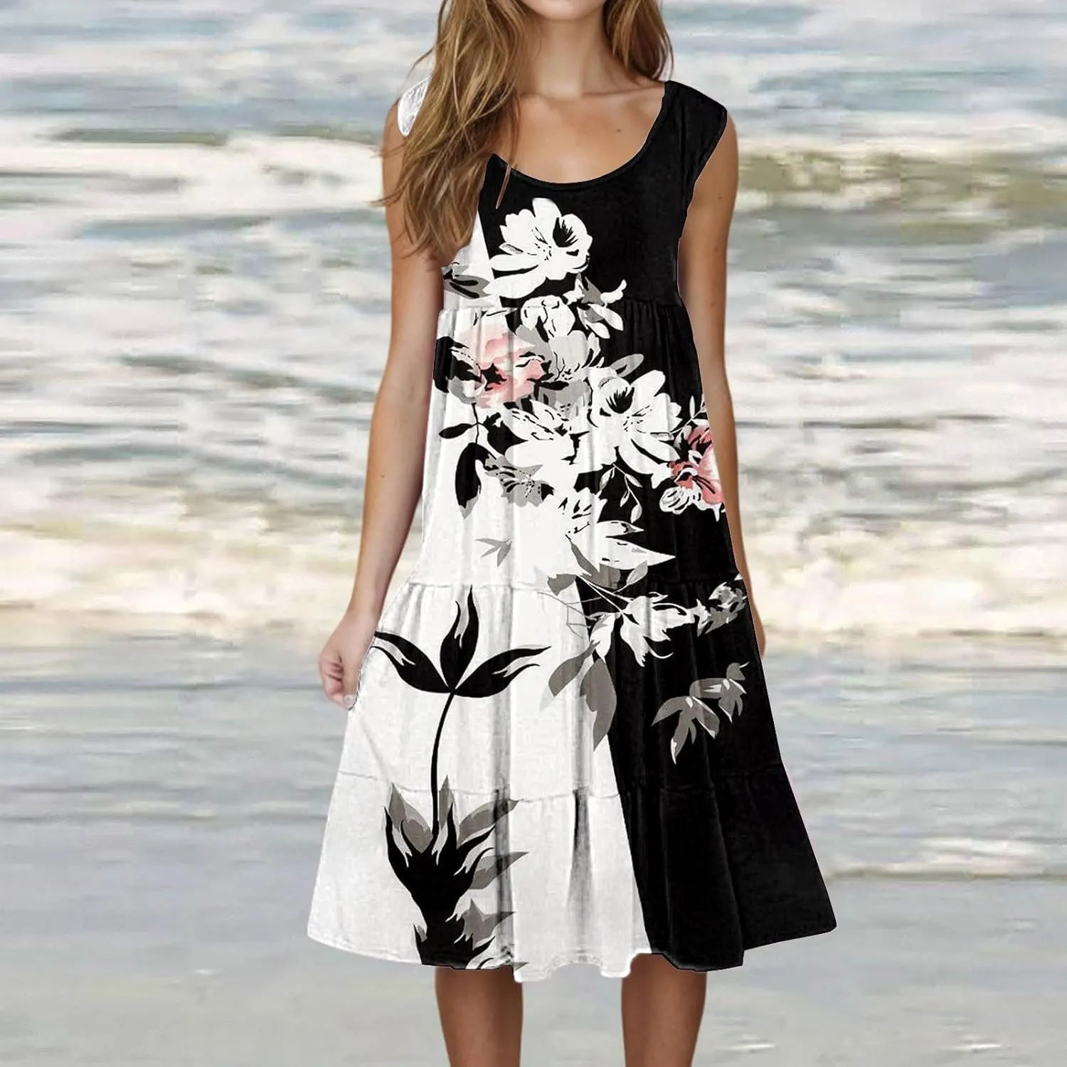 Summer Dresses for Women 2025 Vacation Casual Sexy Sleeveless Beach Dress Crewneck Splicing Boho Flowy Midi Sundresses