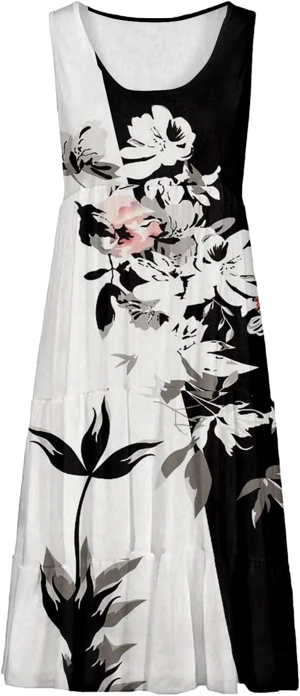 Summer Dresses for Women 2025 Vacation Casual Sexy Sleeveless Beach Dress Crewneck Splicing Boho Flowy Midi Sundresses