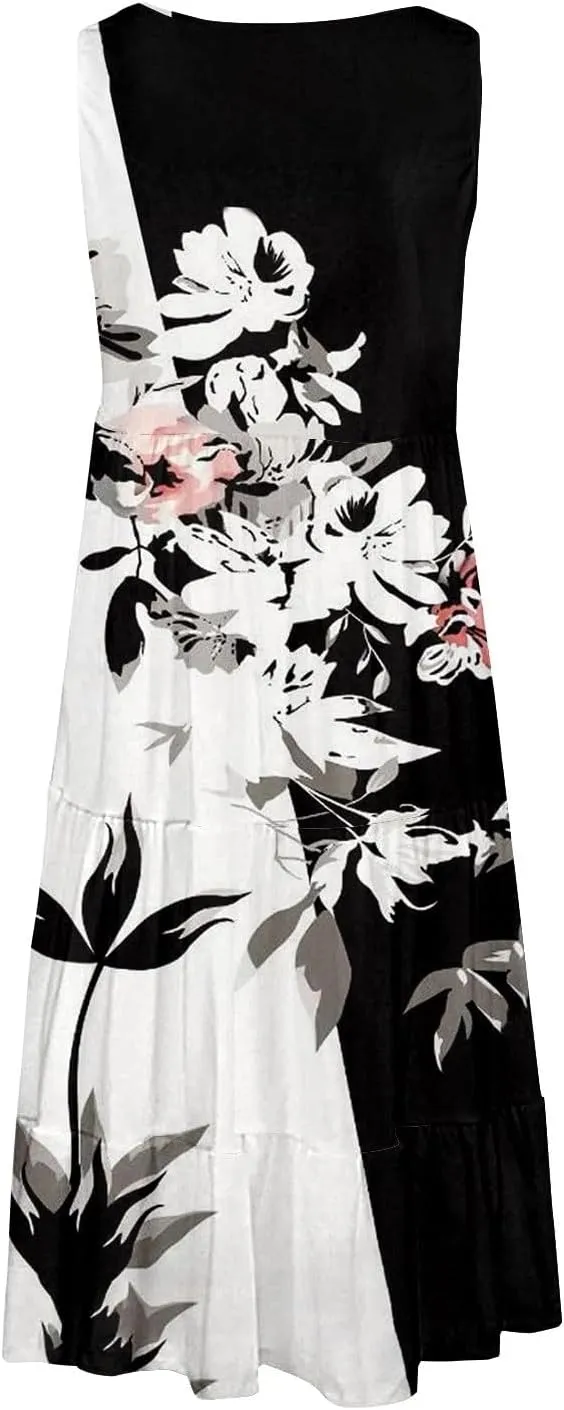 Summer Dresses for Women 2025 Vacation Casual Sexy Sleeveless Beach Dress Crewneck Splicing Boho Flowy Midi Sundresses