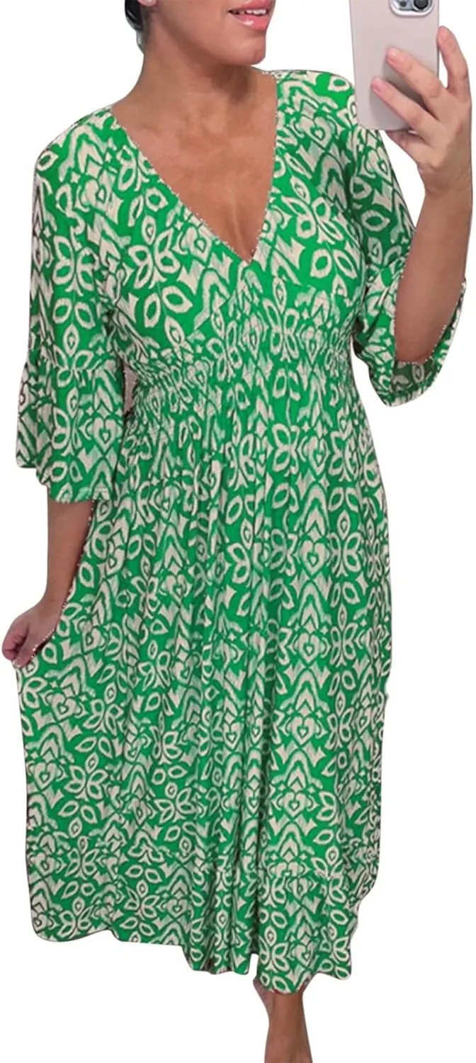 Summer Dresses for Women Boho Floral Print Dress 2025 Casual V Neck Bohemian Wrap 3/4 Sleeve High Waist Midi Dress