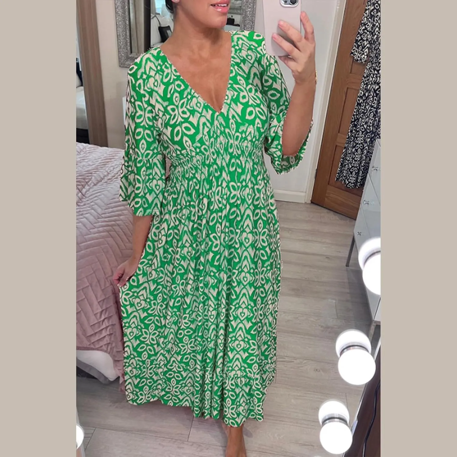 Summer Dresses for Women Boho Floral Print Dress 2025 Casual V Neck Bohemian Wrap 3/4 Sleeve High Waist Midi Dress