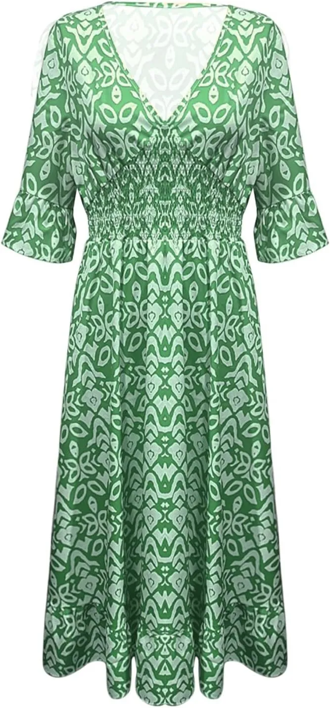 Summer Dresses for Women Boho Floral Print Dress 2025 Casual V Neck Bohemian Wrap 3/4 Sleeve High Waist Midi Dress