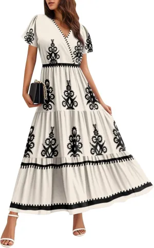 Summer Dresses for Women Crewneck Short Sleeve A Line Casual Floral Dresses Chiffon Tie Waist Pleated Midi Dress