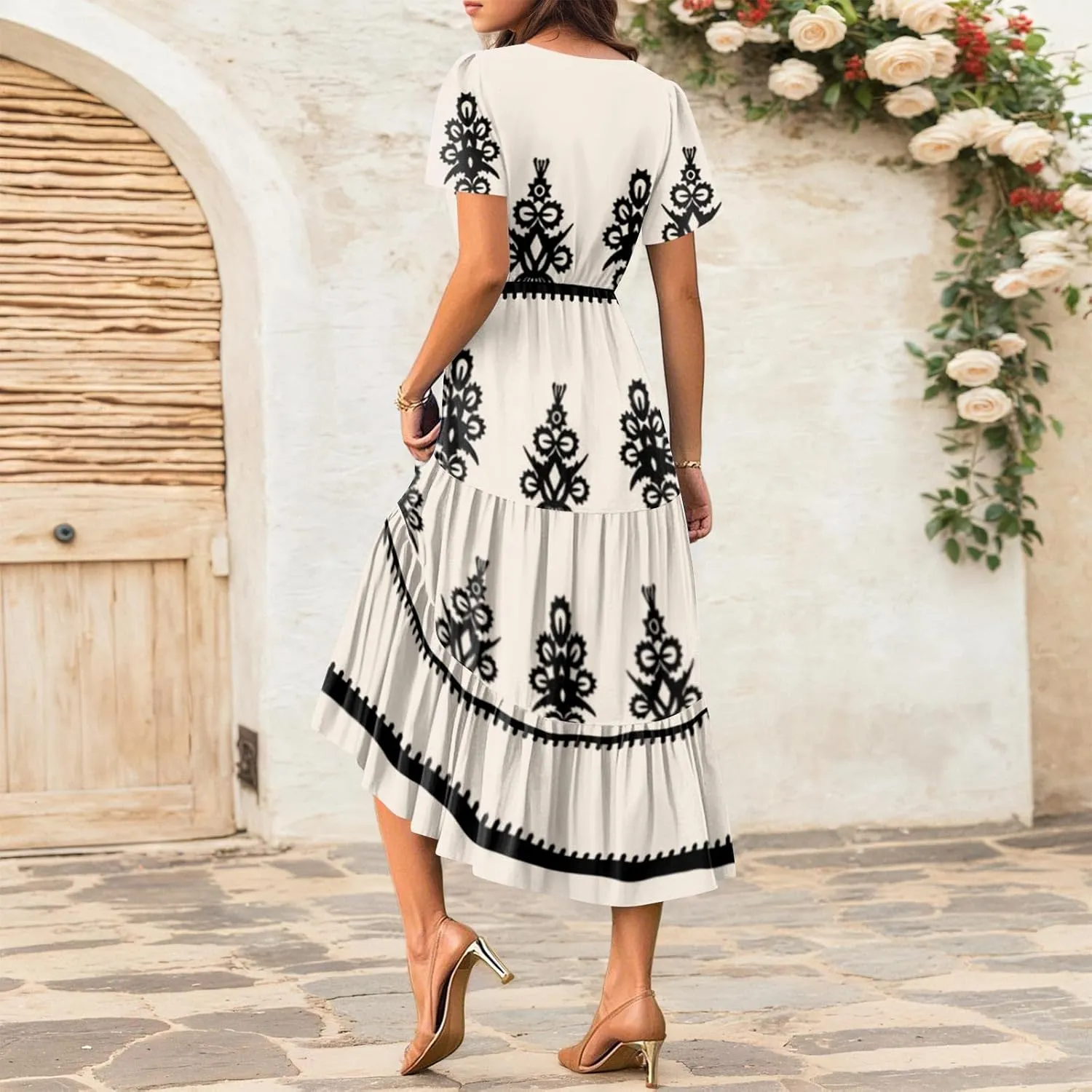 Summer Dresses for Women Crewneck Short Sleeve A Line Casual Floral Dresses Chiffon Tie Waist Pleated Midi Dress