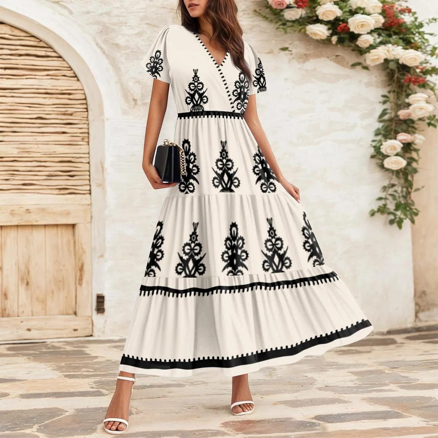 Summer Dresses for Women Crewneck Short Sleeve A Line Casual Floral Dresses Chiffon Tie Waist Pleated Midi Dress