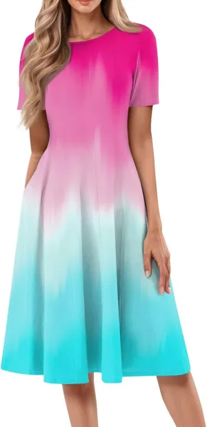 Summer Dresses for Women Trendy Casual Gradient Ombre Short Sleeve Round Neck Boho Midi Pockets Vacation Sundresses