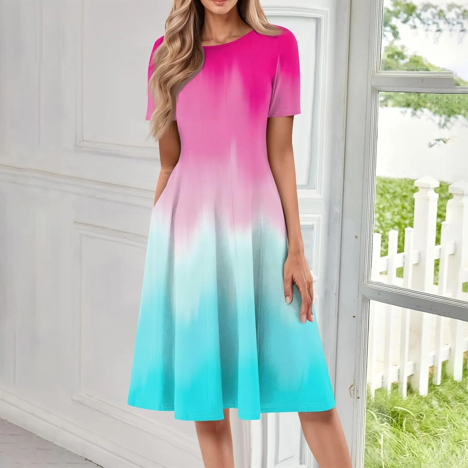 Summer Dresses for Women Trendy Casual Gradient Ombre Short Sleeve Round Neck Boho Midi Pockets Vacation Sundresses