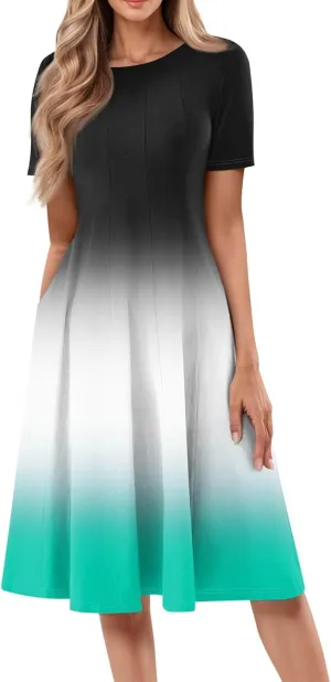 Summer Dresses for Women Trendy Casual Gradient Ombre Short Sleeve Round Neck Boho Midi Pockets Vacation Sundresses