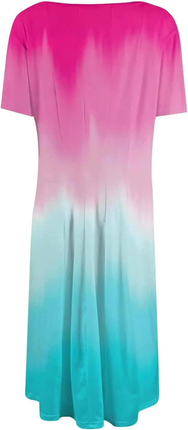 Summer Dresses for Women Trendy Casual Gradient Ombre Short Sleeve Round Neck Boho Midi Pockets Vacation Sundresses
