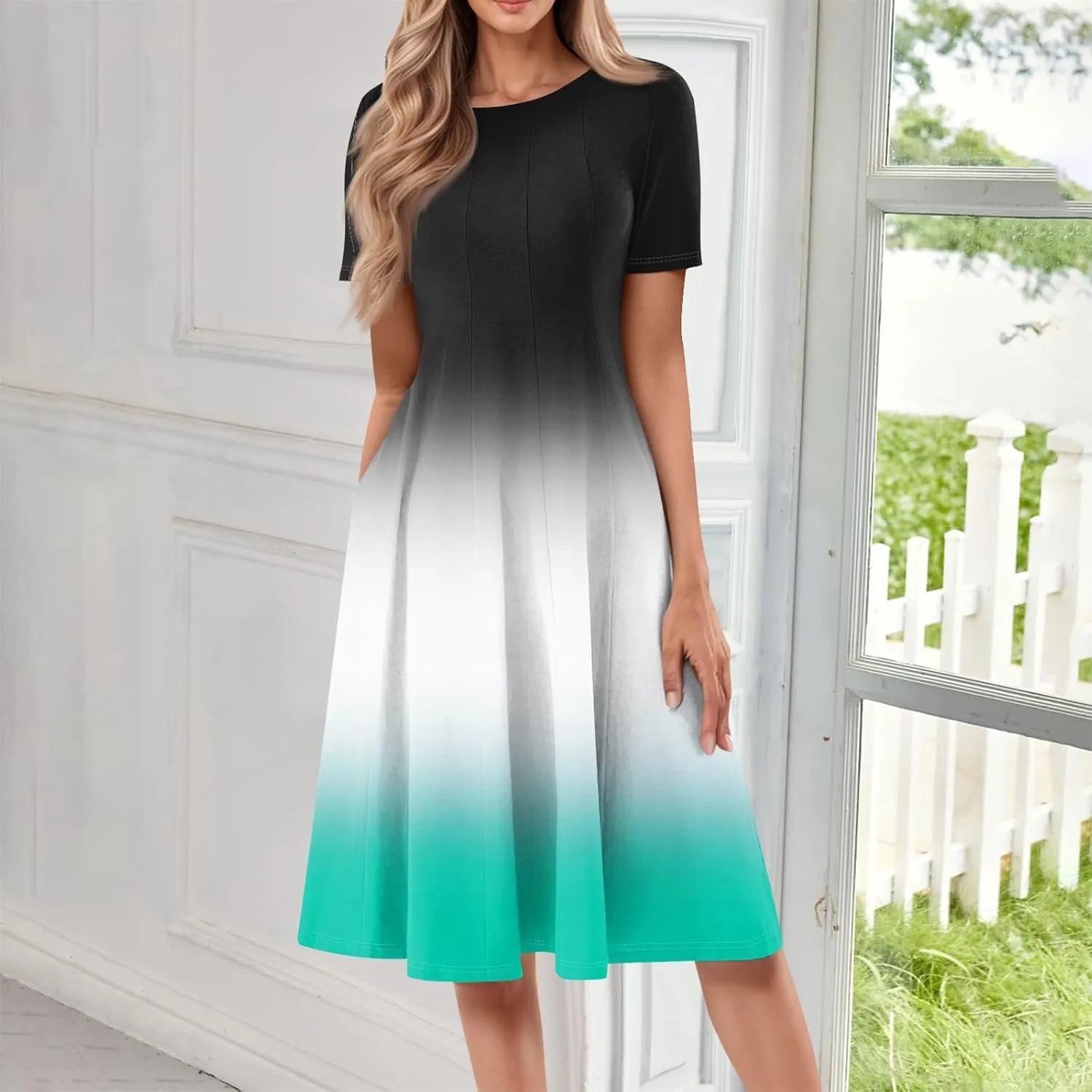 Summer Dresses for Women Trendy Casual Gradient Ombre Short Sleeve Round Neck Boho Midi Pockets Vacation Sundresses