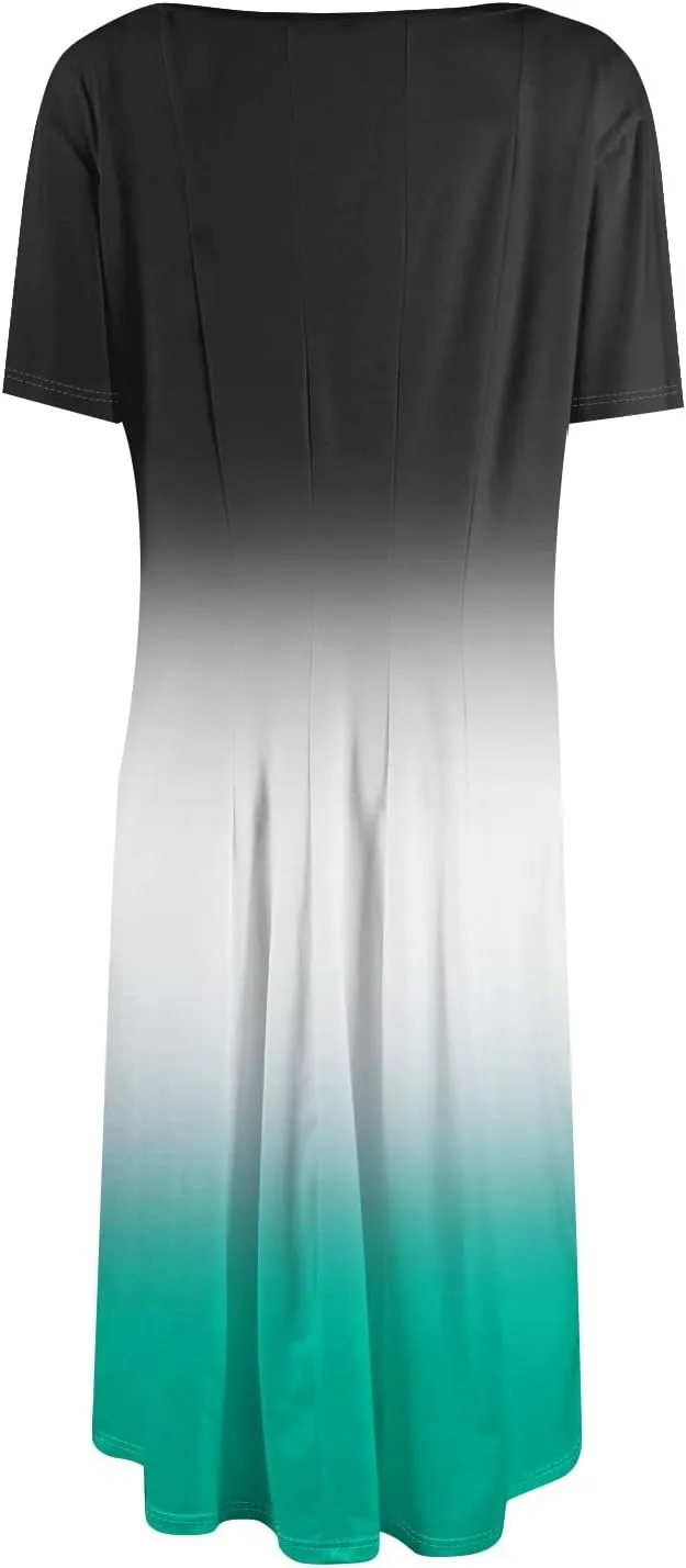 Summer Dresses for Women Trendy Casual Gradient Ombre Short Sleeve Round Neck Boho Midi Pockets Vacation Sundresses