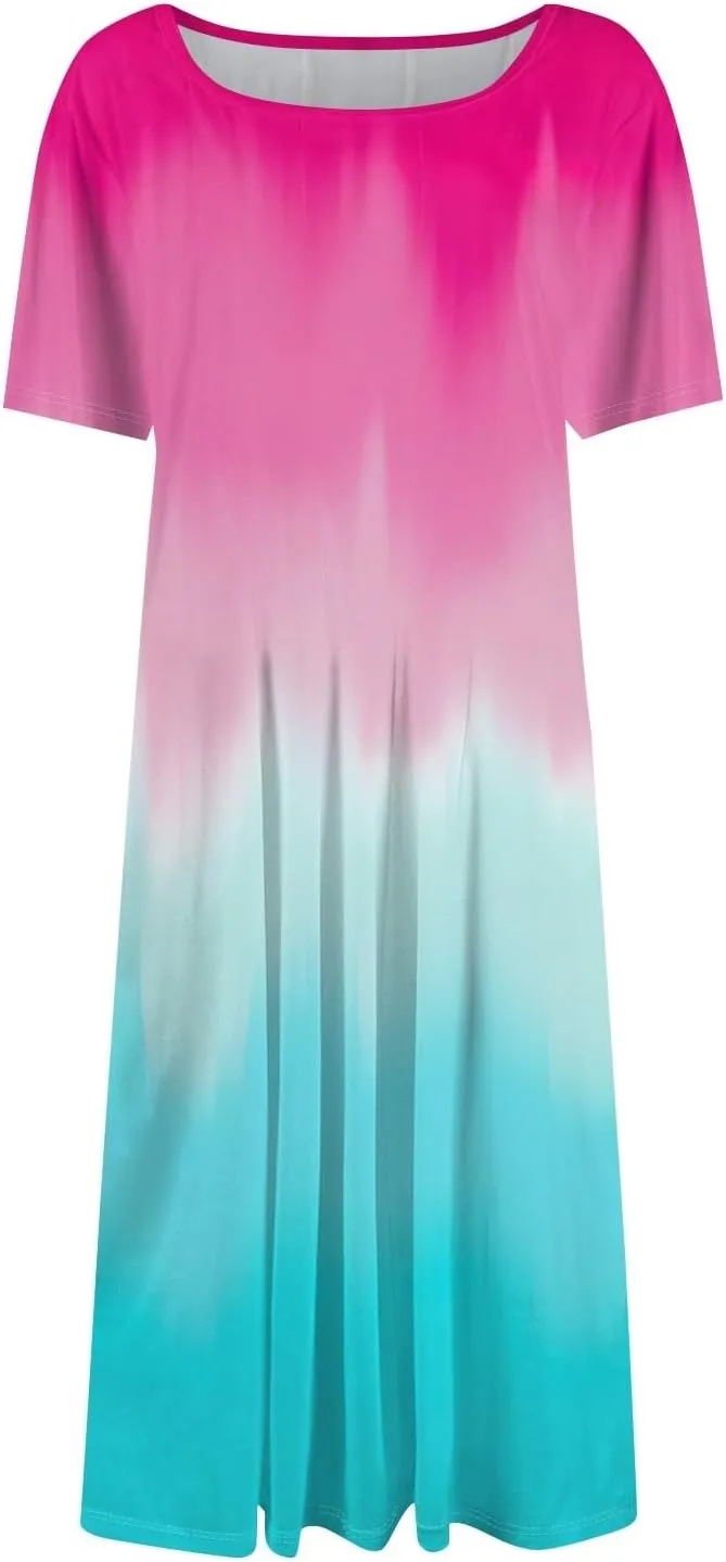 Summer Dresses for Women Trendy Casual Gradient Ombre Short Sleeve Round Neck Boho Midi Pockets Vacation Sundresses