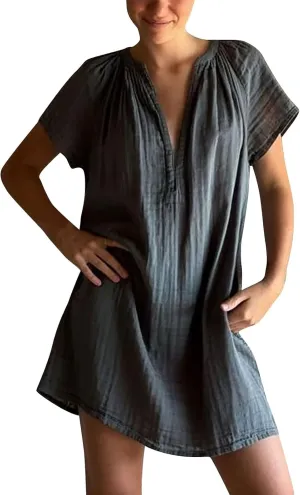 Summer Mini Dress for Women Trendy V Neck Short Sleeve Linen Vintage Sundress Casual Loose Beach Vacation Dresses