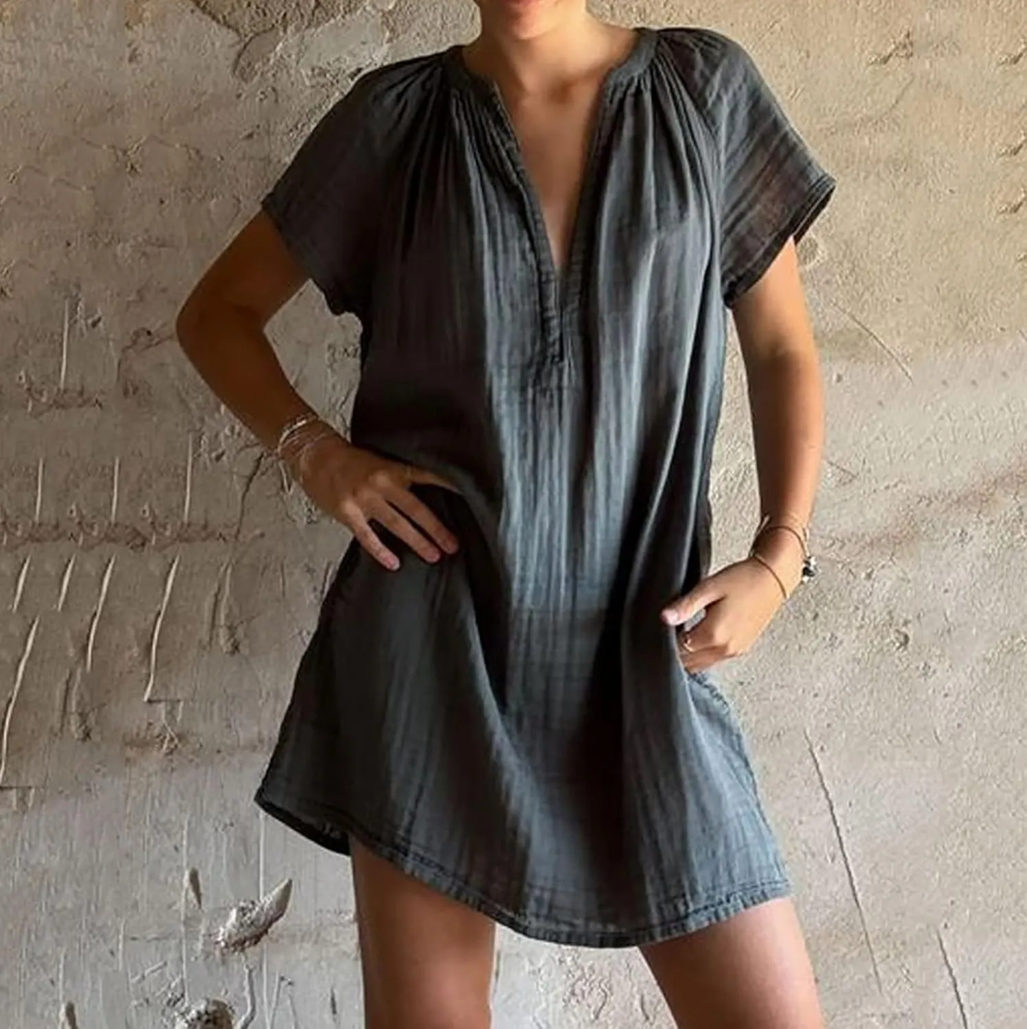 Summer Mini Dress for Women Trendy V Neck Short Sleeve Linen Vintage Sundress Casual Loose Beach Vacation Dresses