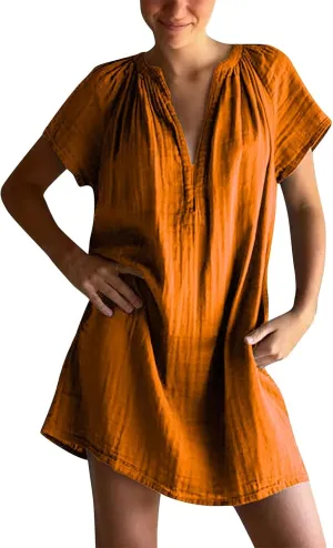 Summer Mini Dress for Women Trendy V Neck Short Sleeve Linen Vintage Sundress Casual Loose Beach Vacation Dresses