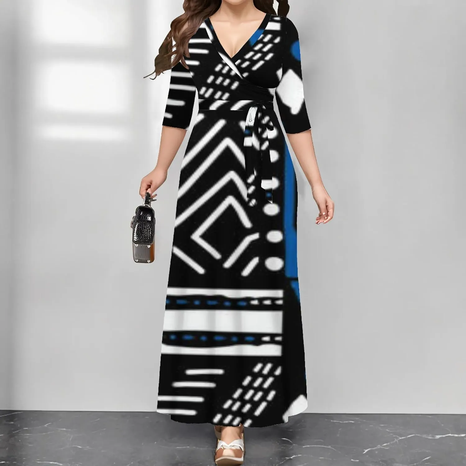 Summer Trendy Wrap Dresses for Women Sexy Bodycon 3/4 Sleeves Flowy A-Line Boho Beach Tie Dye Plus Size Maxi Dress with Belt