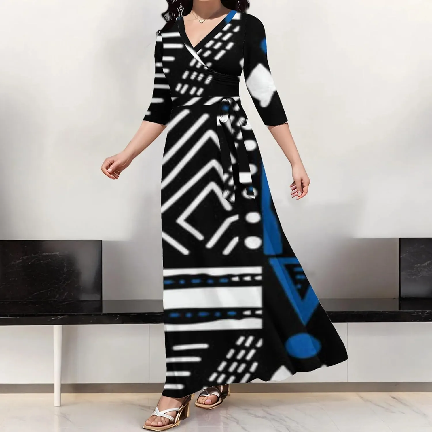 Summer Trendy Wrap Dresses for Women Sexy Bodycon 3/4 Sleeves Flowy A-Line Boho Beach Tie Dye Plus Size Maxi Dress with Belt
