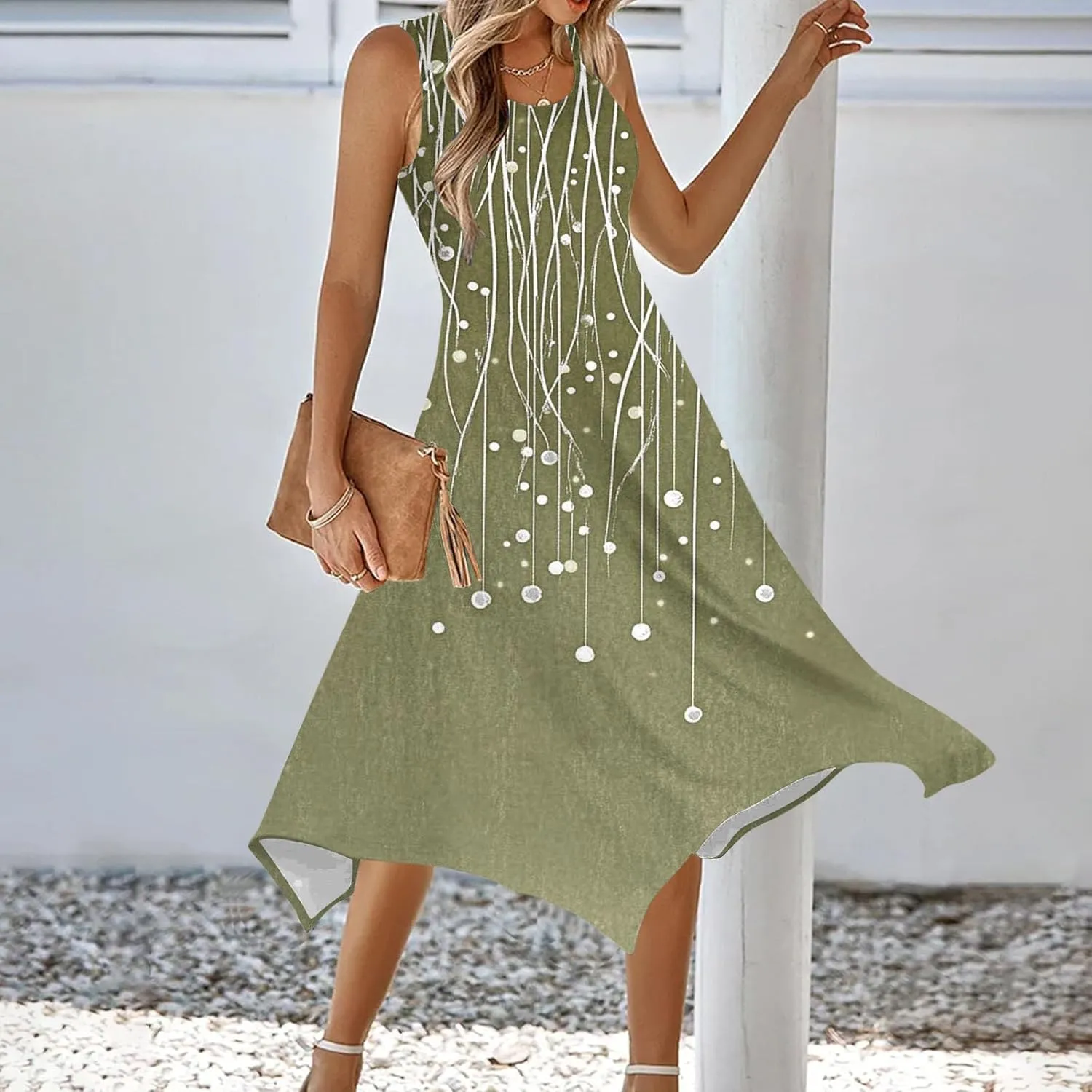 Summer Wedding Guest Dresses for Women Sleevless Floral Loose Dress Ruffle Hem V Neck Dress Holiday Vacation Outfits