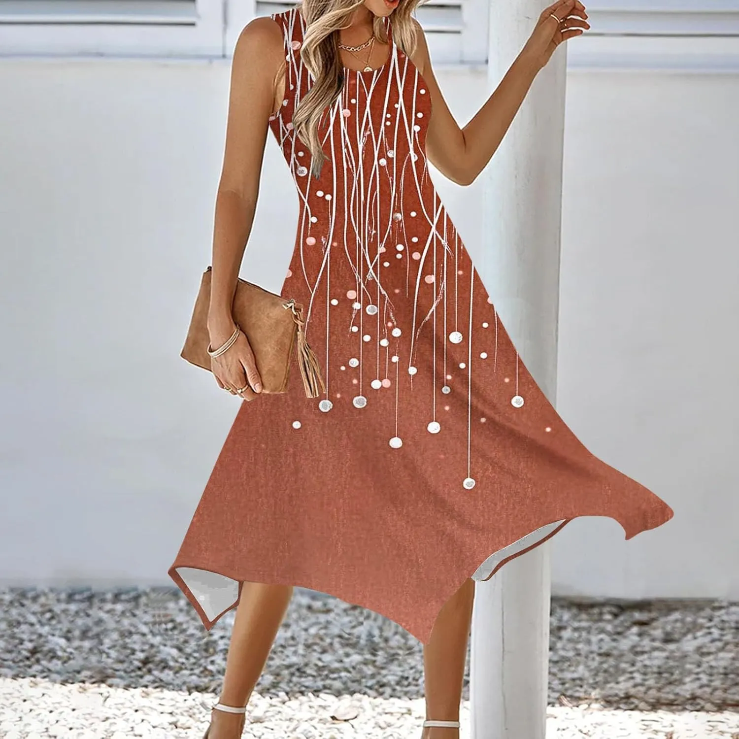 Summer Wedding Guest Dresses for Women Sleevless Floral Loose Dress Ruffle Hem V Neck Dress Holiday Vacation Outfits
