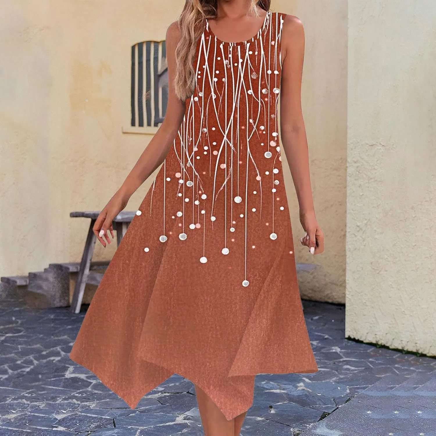 Summer Wedding Guest Dresses for Women Sleevless Floral Loose Dress Ruffle Hem V Neck Dress Holiday Vacation Outfits