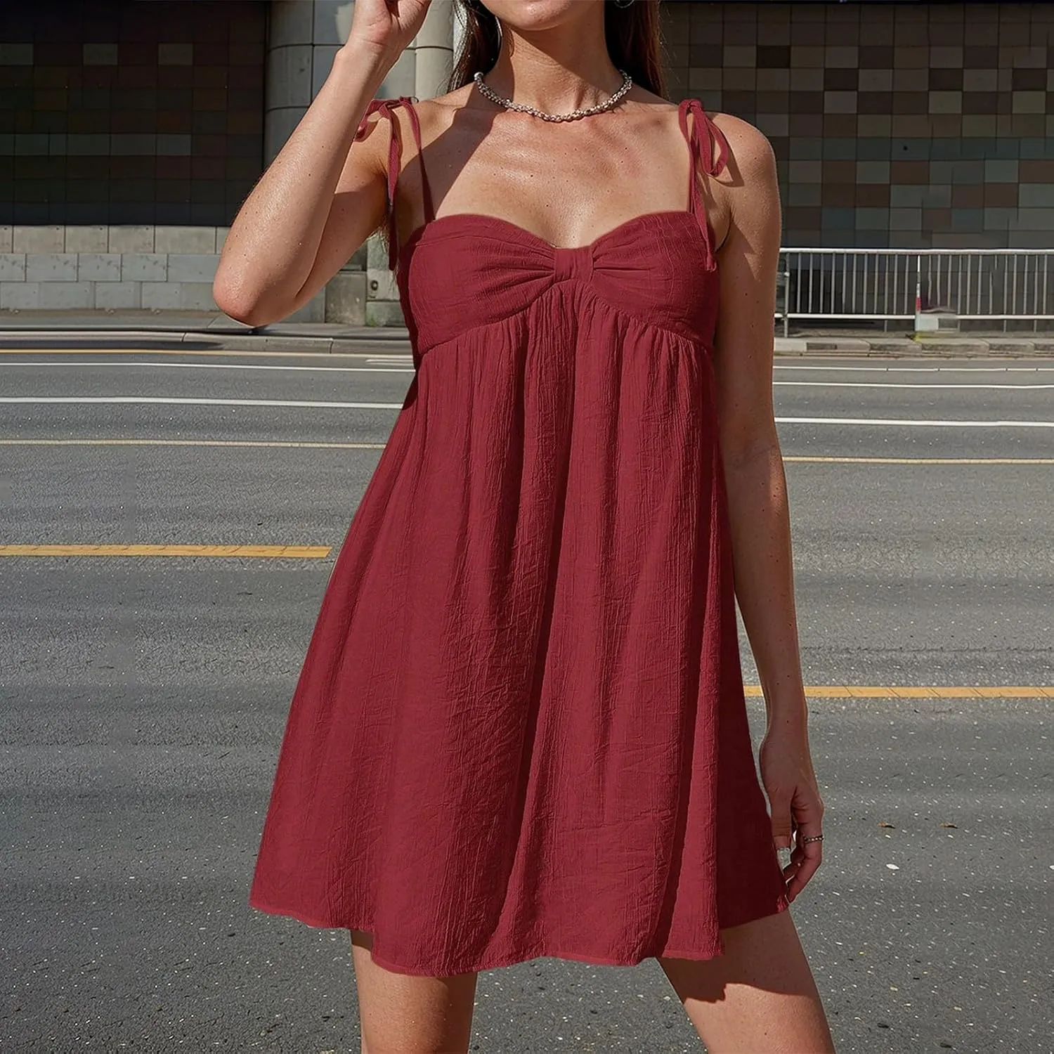 Sun Dresses for Women 2025 Mini Loose Spaghetti Strap Bow Babydoll Dress Casual Summer Vacation Flowy Beach Sundress