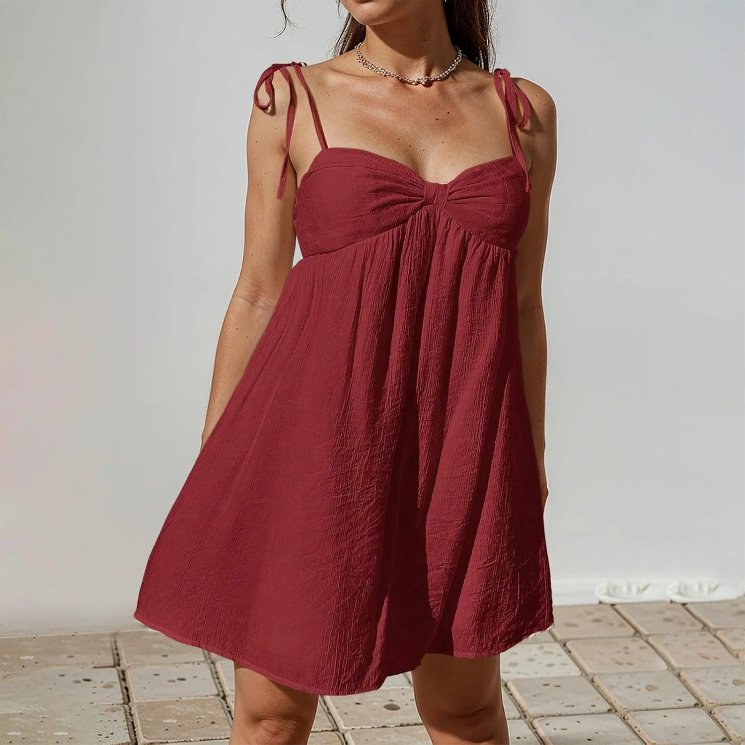 Sun Dresses for Women 2025 Mini Loose Spaghetti Strap Bow Babydoll Dress Casual Summer Vacation Flowy Beach Sundress