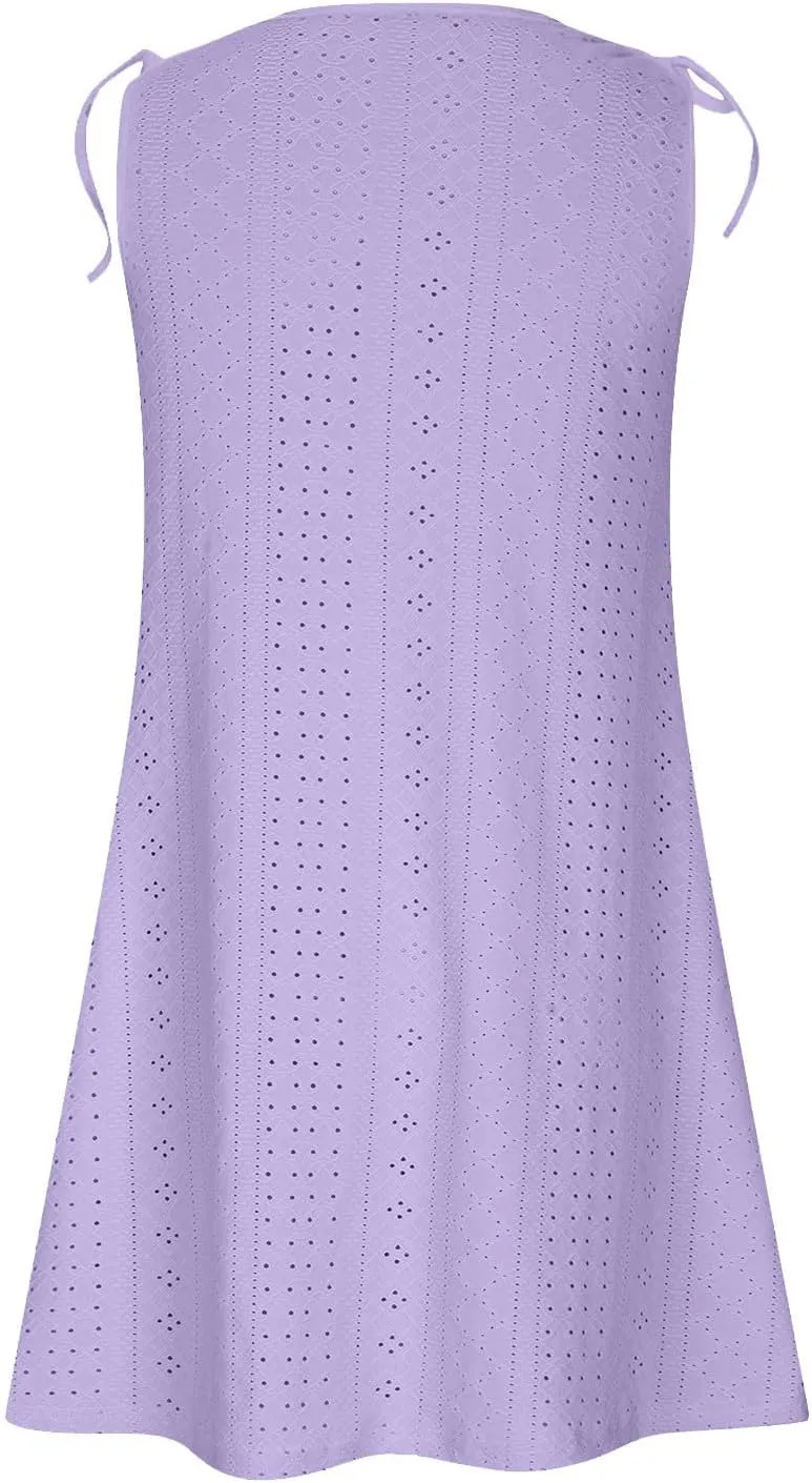 TANGNADE Women Summer Casual Dresses Sleeveless Eyelet Tank Sundress Pockets Flowy A-Line Swing Mini Beach Vacation Dress