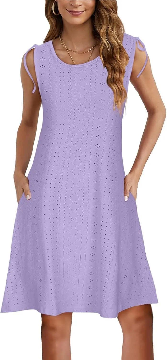 TANGNADE Women Summer Casual Dresses Sleeveless Eyelet Tank Sundress Pockets Flowy A-Line Swing Mini Beach Vacation Dress