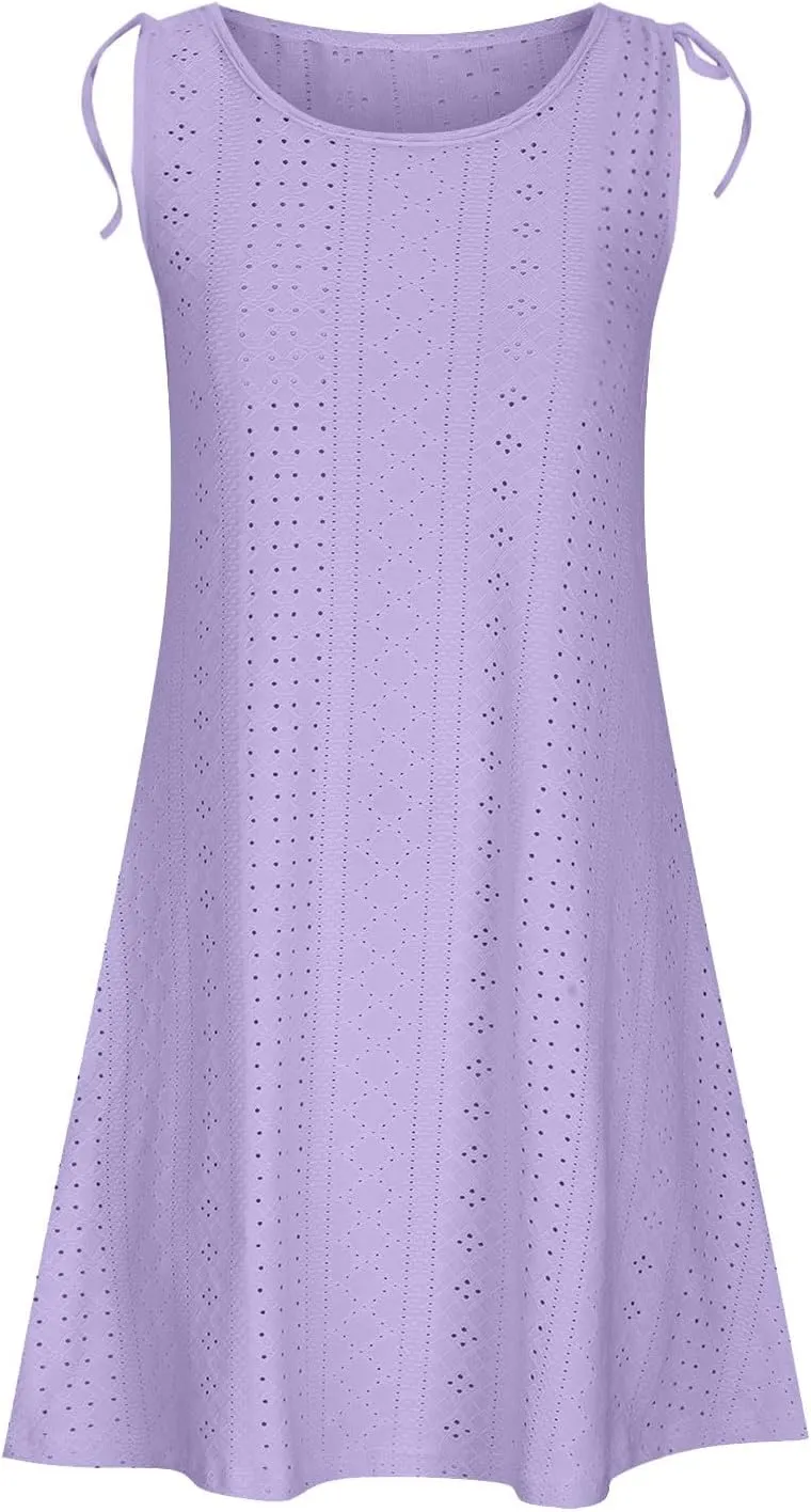 TANGNADE Women Summer Casual Dresses Sleeveless Eyelet Tank Sundress Pockets Flowy A-Line Swing Mini Beach Vacation Dress