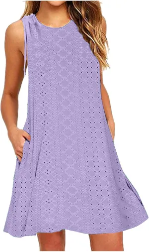 TANGNADE Women Summer Casual Dresses Sleeveless Eyelet Tank Sundress Pockets Flowy A-Line Swing Mini Beach Vacation Dress