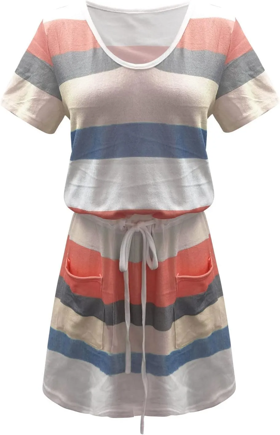 TANGNADE Womens Summer Sun Dress Short Sleeve Round Neck Tie Front A-Line Mini Dresses with Pockets Vacation Outfits