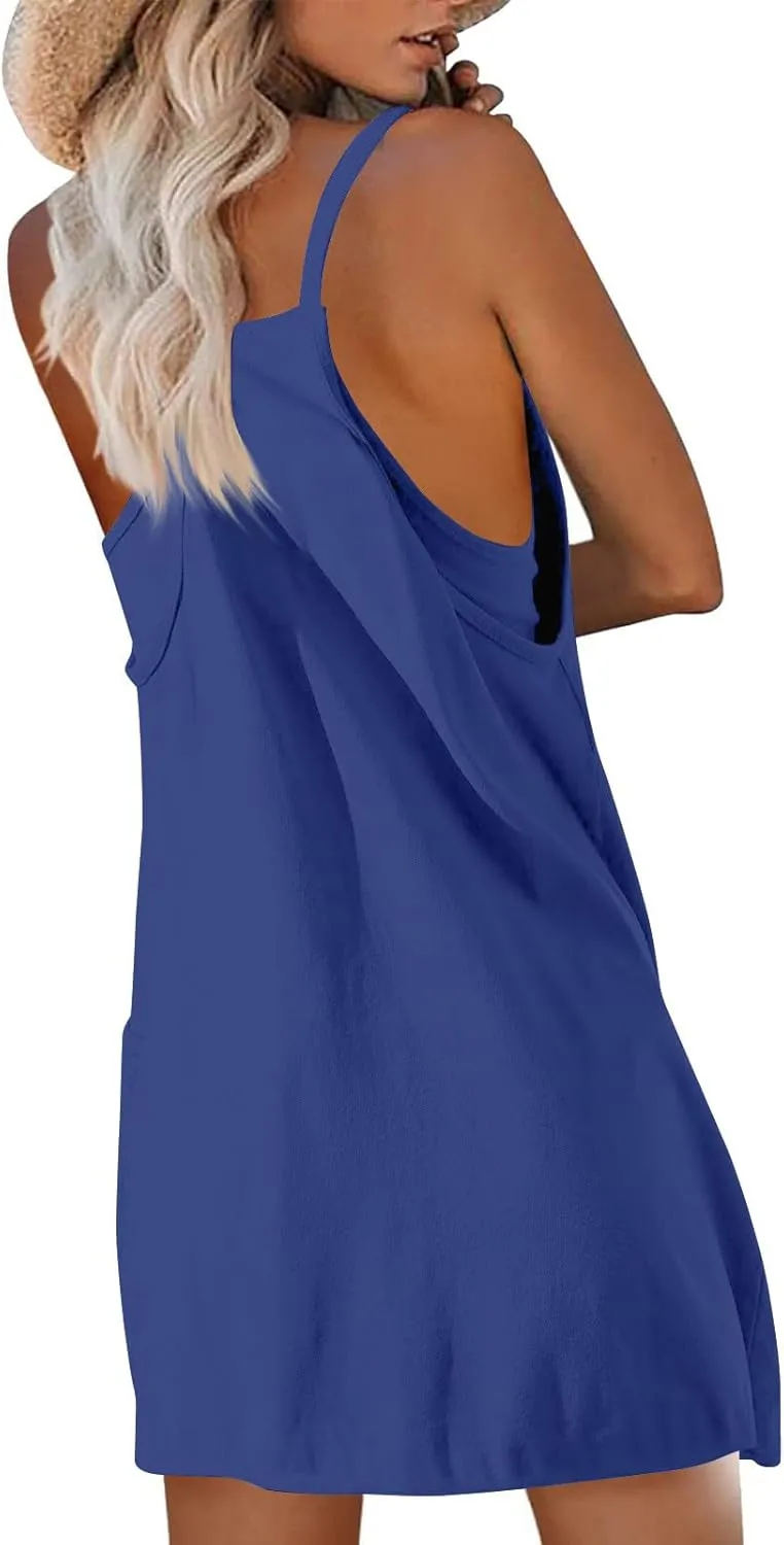 Tennis Dress for Women Built-in Shorts Casual Sleeveless Spaghetti Strap Sundress Workout Athletic Dress with Pocket