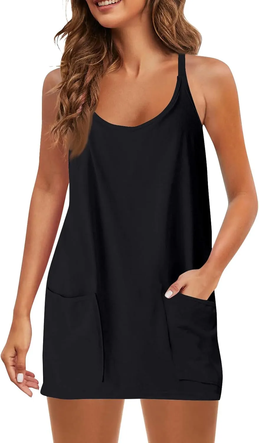 Tennis Dress for Women Built-in Shorts Casual Sleeveless Spaghetti Strap Sundress Workout Athletic Dress with Pocket