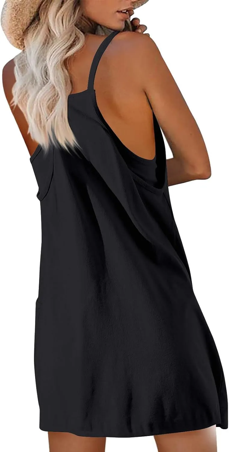 Tennis Dress for Women Built-in Shorts Casual Sleeveless Spaghetti Strap Sundress Workout Athletic Dress with Pocket